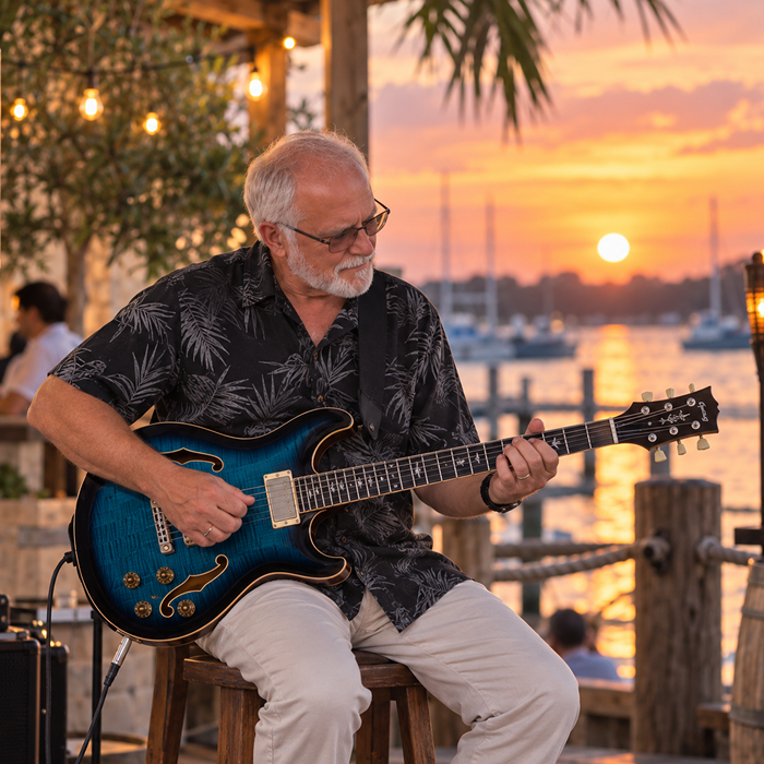 Mike Moynihan playing guitar at sunset